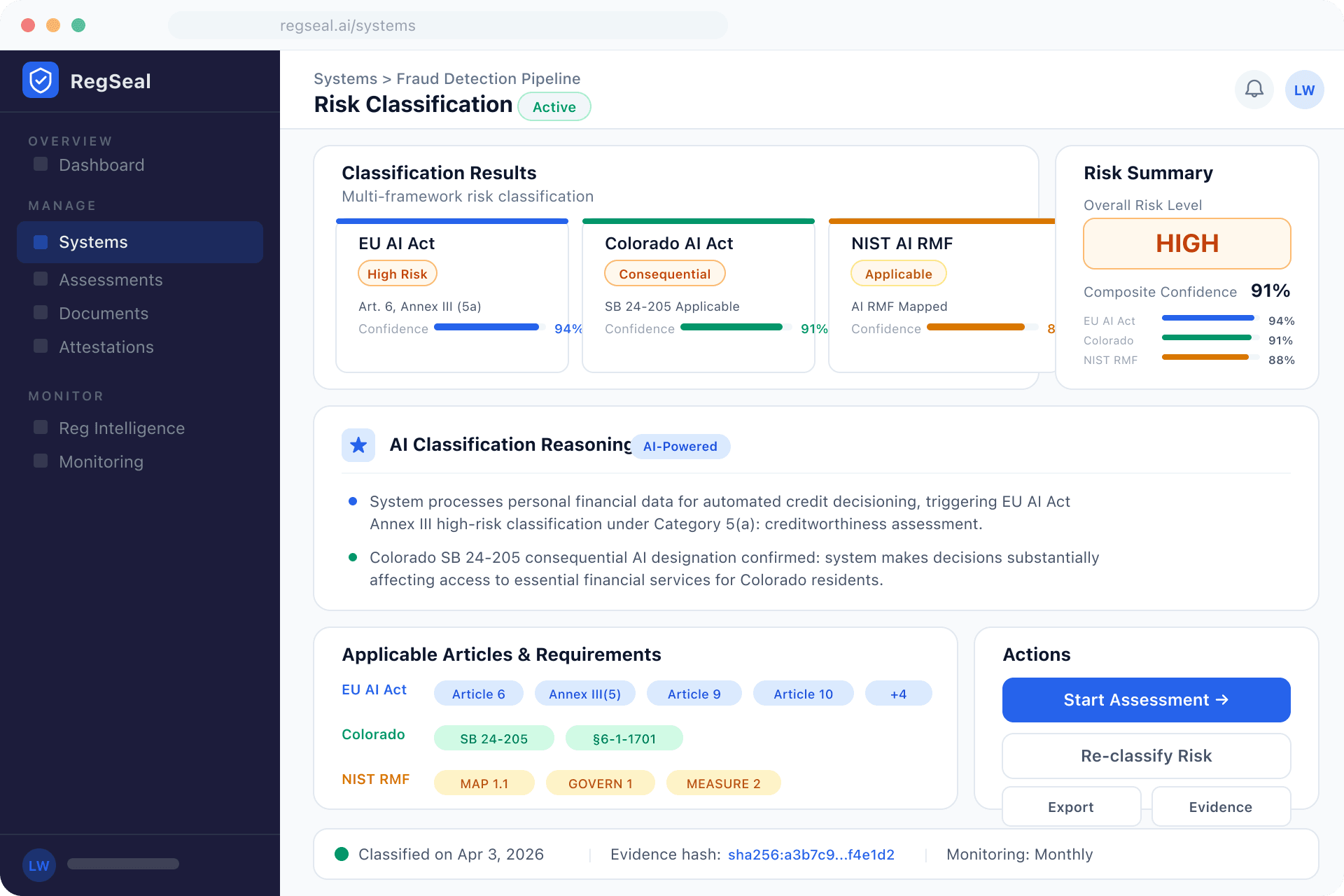 RegSeal Risk Classification Engine displaying multi-framework risk tiers with confidence scores and article citations