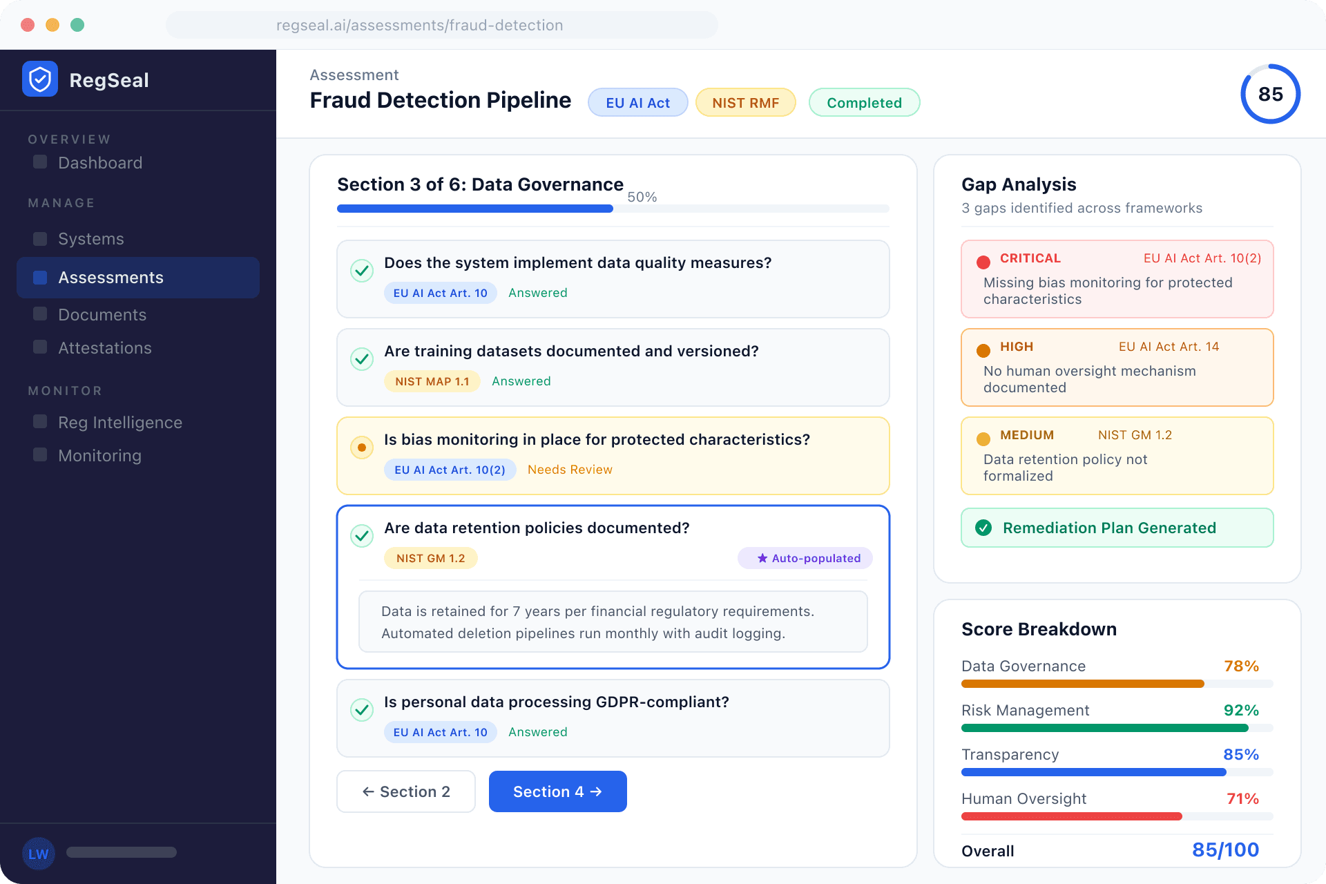 RegSeal comprehensive assessment engine with gap analysis